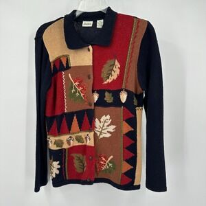 Women Vintage Cottagecore Fall Leaves Cardigan Sweater Size M Acorn Harvest Knit